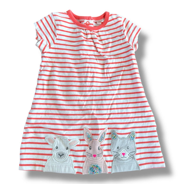 Size 3-6 month Boden white and coral stripe dress with lamb, bunny, and kitty applique' Default Title / 3-6 month / Girl