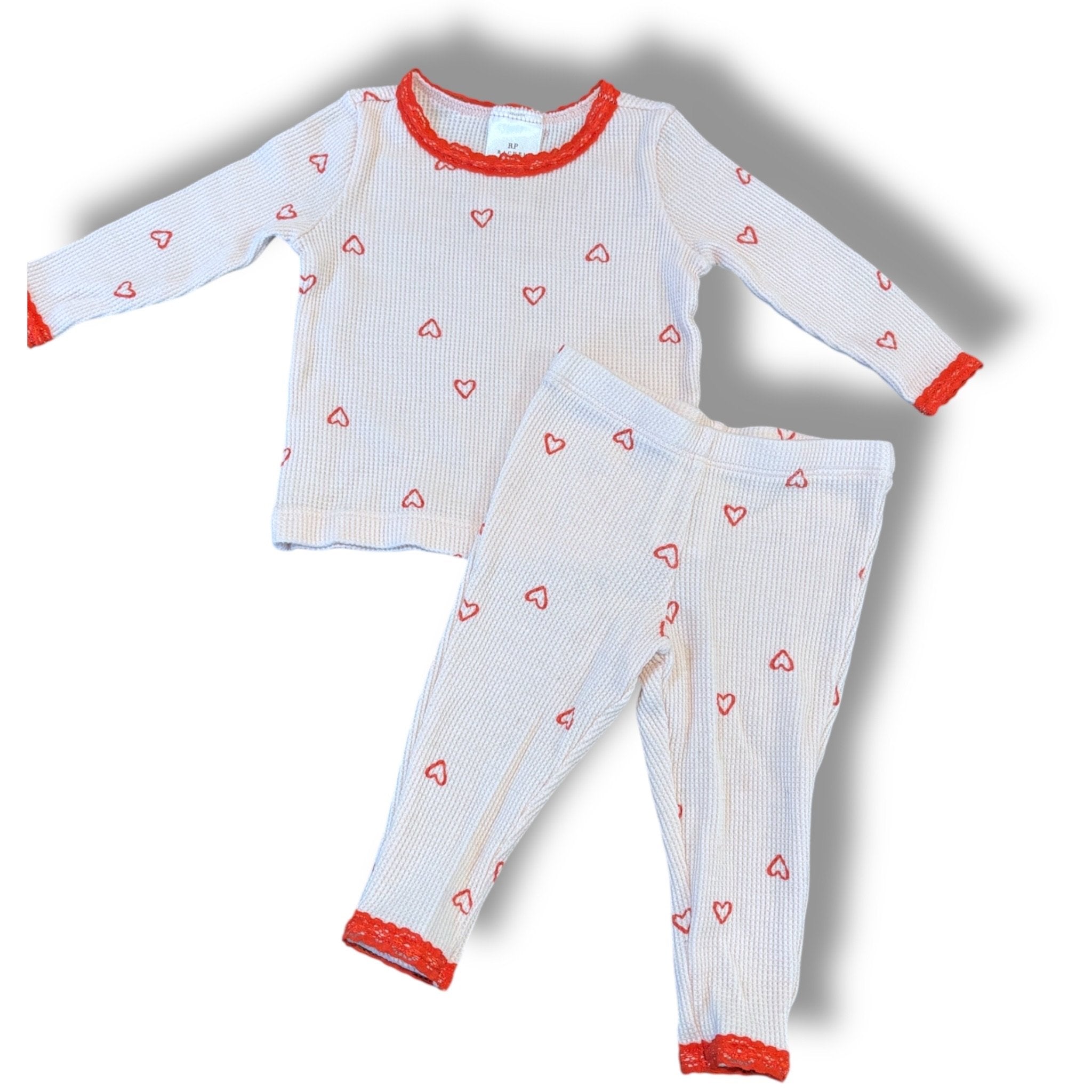 Size 3-6 month Rachel Parcell pink waffle two-piece pajamas w/ red hearts, lace trim Default Title / 3-6 month / Girl