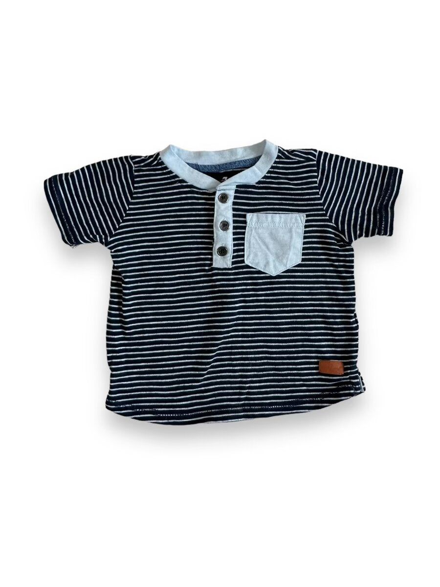 Size 12 month 7 for All Mankind navy and white stripe henley top with light blue collar and pocket Default Title / 12 / Boy