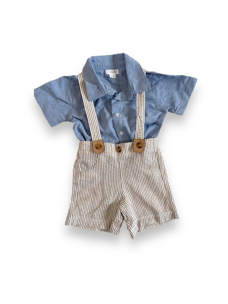 Size 9-12 month Mudpie tan and white seersucker suspender shorts with light blue chambray shirt Default Title / 9-12 month / Boy