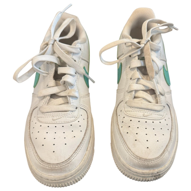 Size 4 girls Nike Air Force 1 white and teal sneaker- overall wear/scuffing Default Title / 4 / Girl
