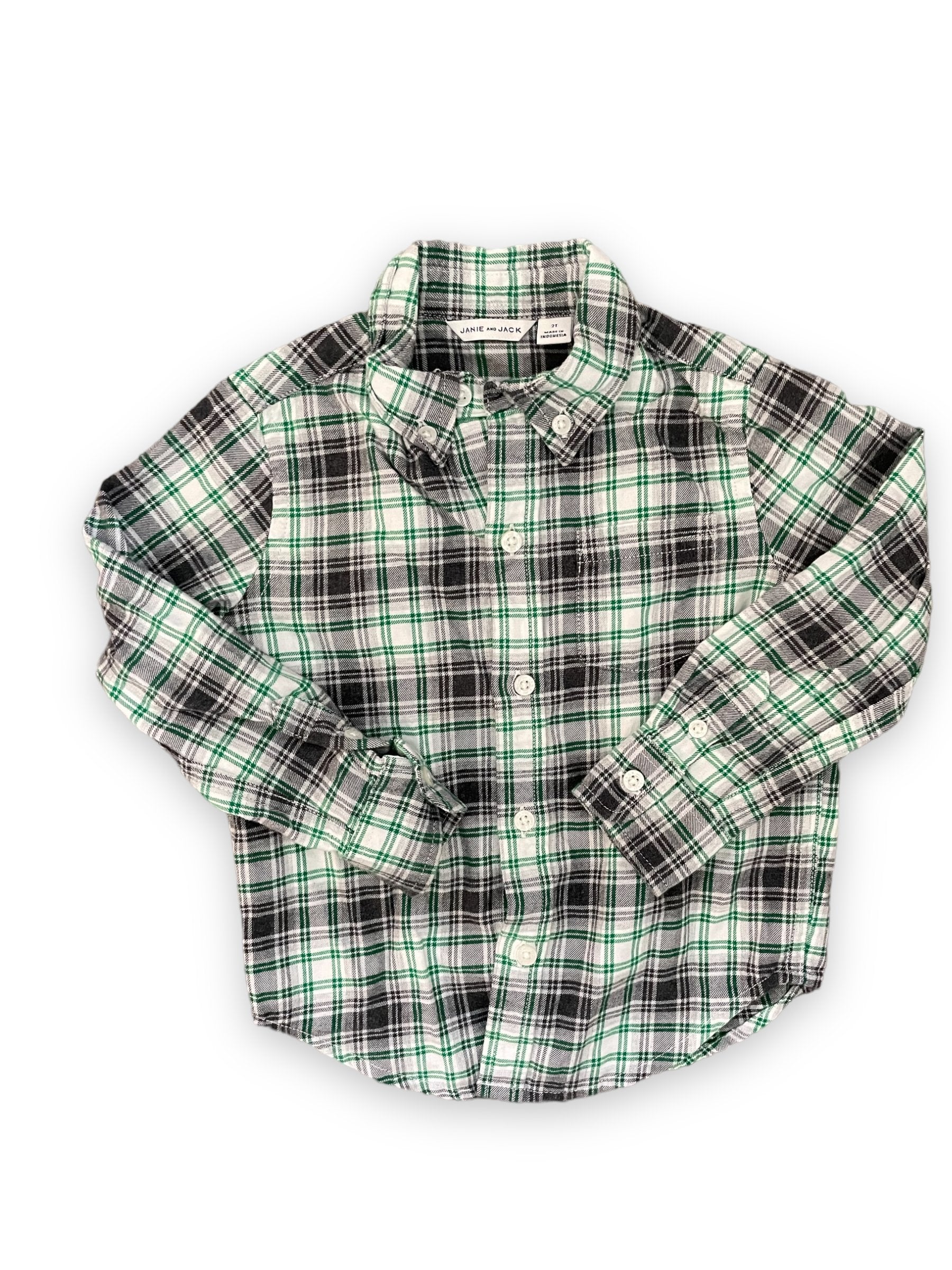 Size 2 Janie and Jack green/gray/white flannel plaid button up Default Title / 2 / Boy