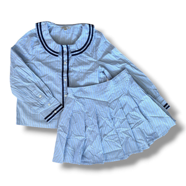 Size 10 Crewcuts light blue/white striped long sleeve button down shirt and skirt set with navy trim detail Default Title / 10 / Girl