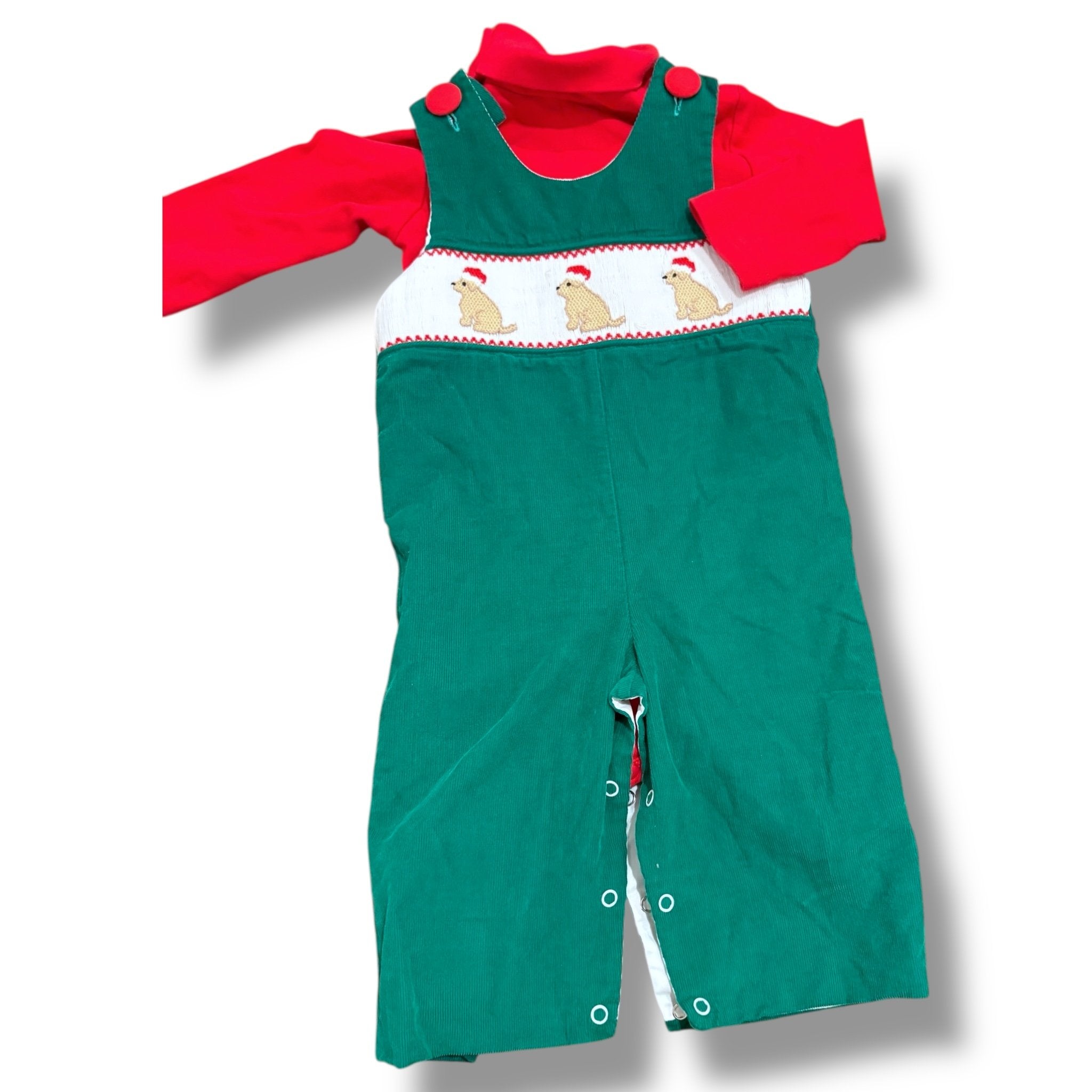 Size 6 month Stitchy fish green corduroy dog smocked longall with red turtleneck Default Title / 6 month / Boy