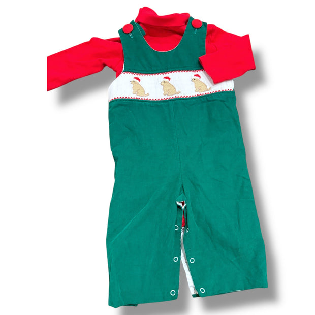 Size 6 month Stitchy fish green corduroy dog smocked longall with red turtleneck Default Title / 6 month / Boy