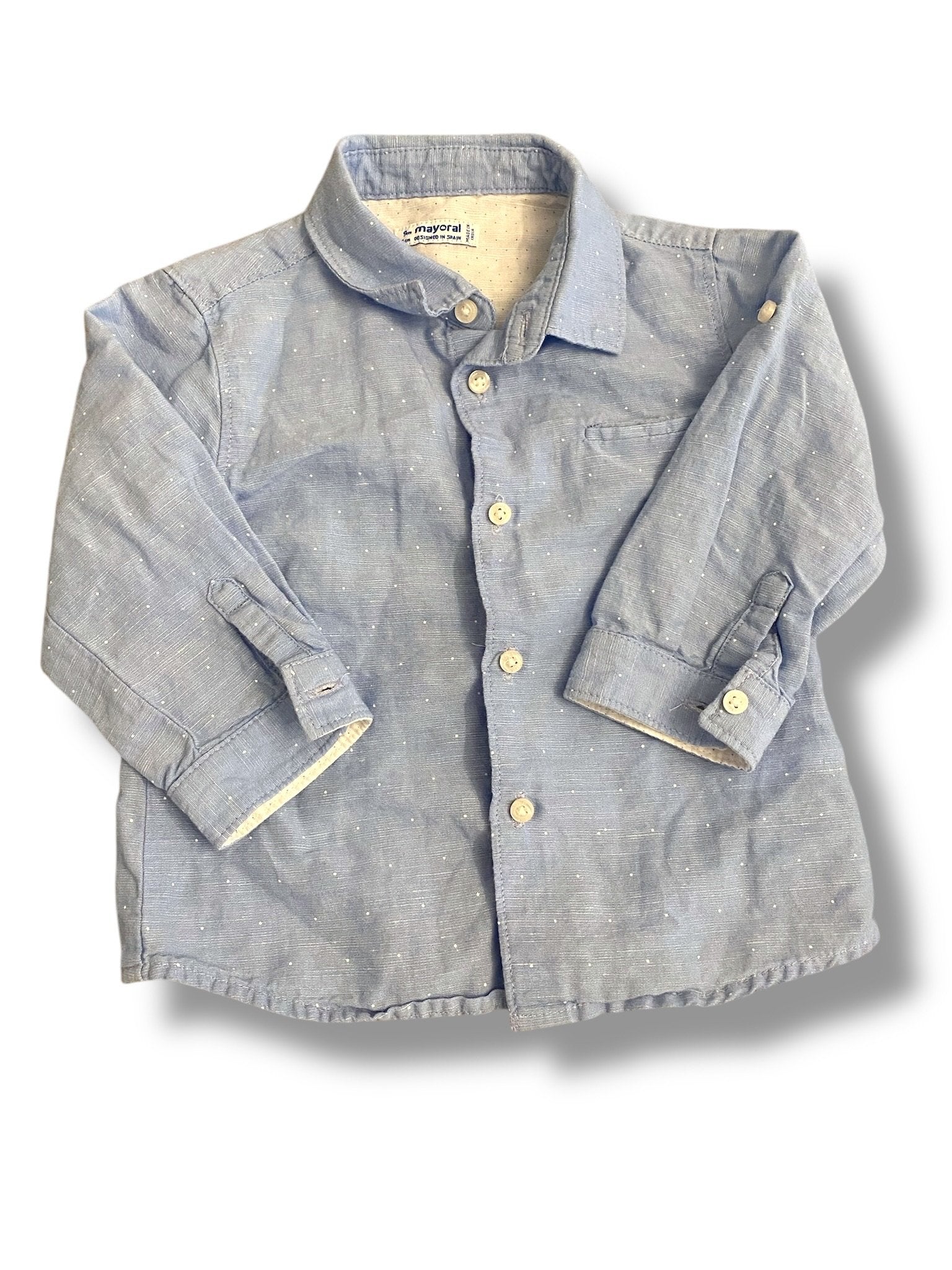 Size 9 month Mayoral blue button up with white polka dots Default Title / 9 month / Boy