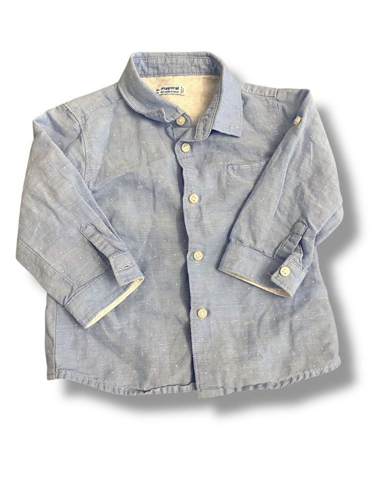 Size 9 month Mayoral blue button up with white polka dots Default Title / 9 month / Boy