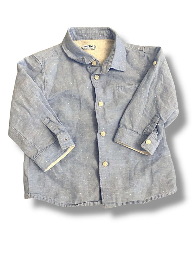 Size 9 month Mayoral blue button up with white polka dots Default Title / 9 month / Boy