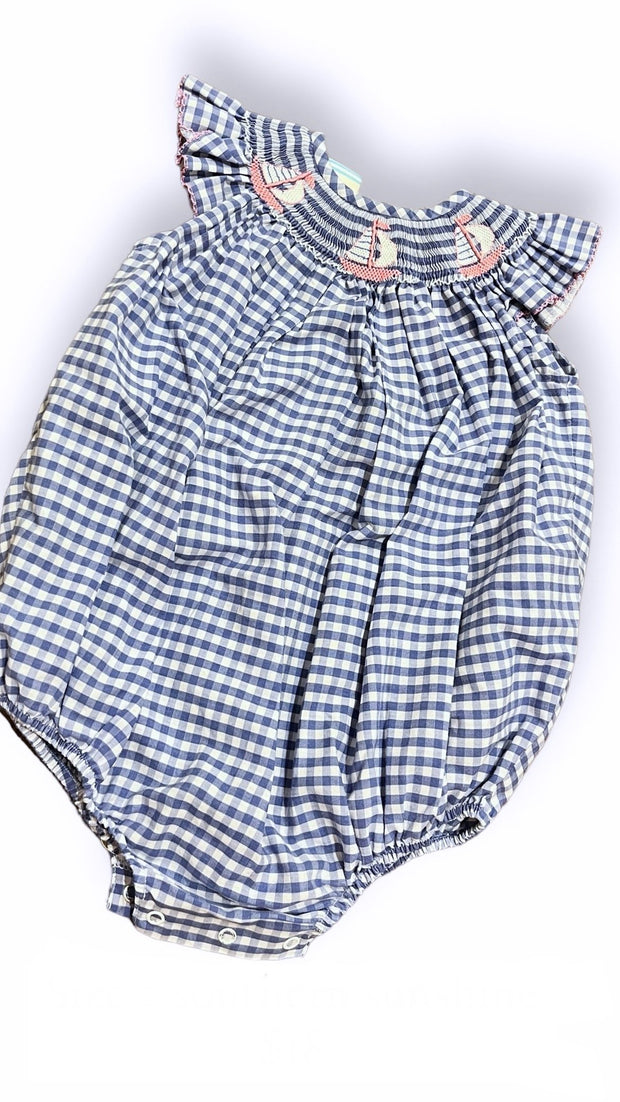 Size 2 Southern Sunshine blue gingham bubble with pink sailboats Default Title / 2 / Girl