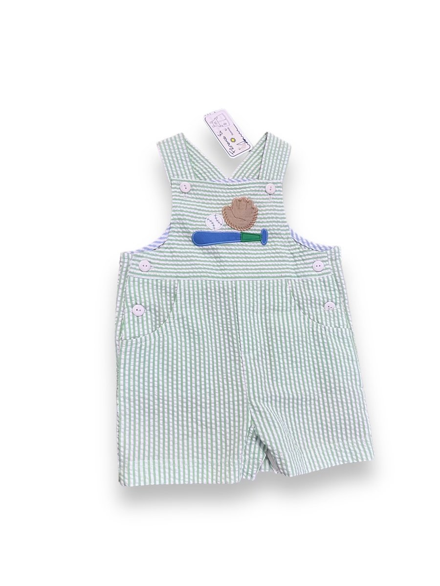 Size 12 month Florence Eiseman light green and white stripe seersucker shortall with baseball applique NWT Default Title / 12 / Boy
