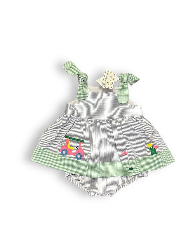 Size 12 month Florence Eiseman blue seersucker  golf dress with green gingham trim and matching bloomers- NWT Default Title / 12 / Girl