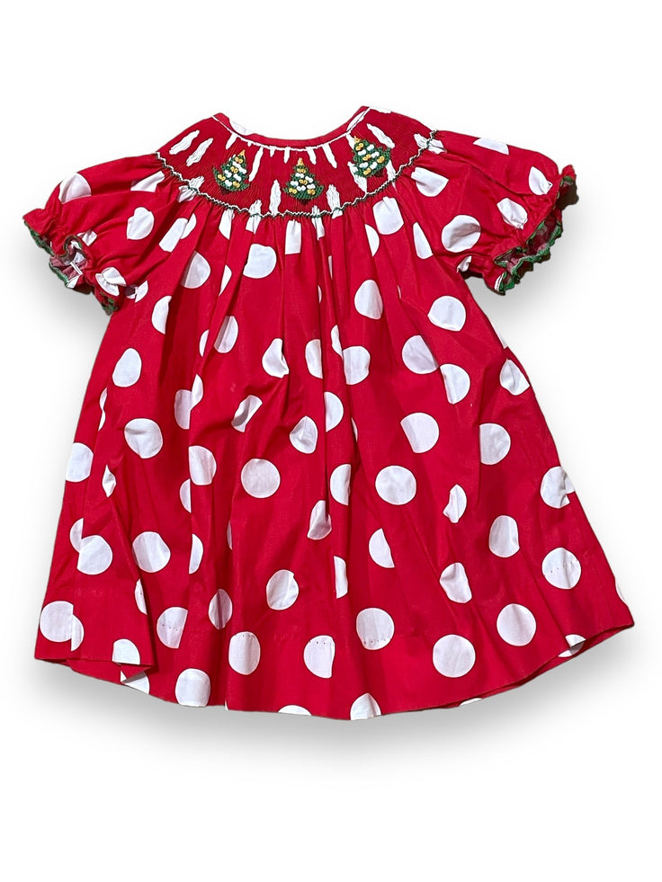 Size 18 month Smocked red dress with white polka dots and smocked trees Default Title / 18 month / Girl