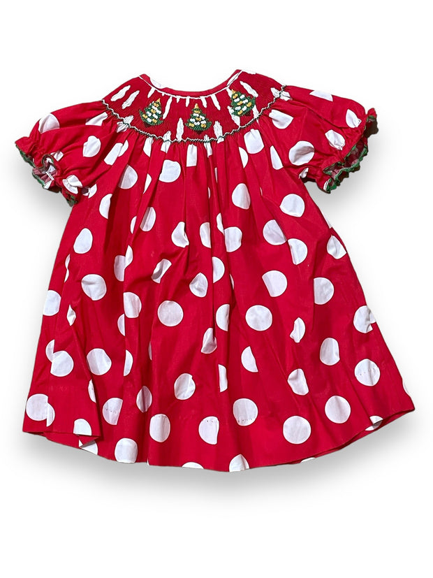 Size 18 month Smocked red dress with white polka dots and smocked trees Default Title / 18 month / Girl