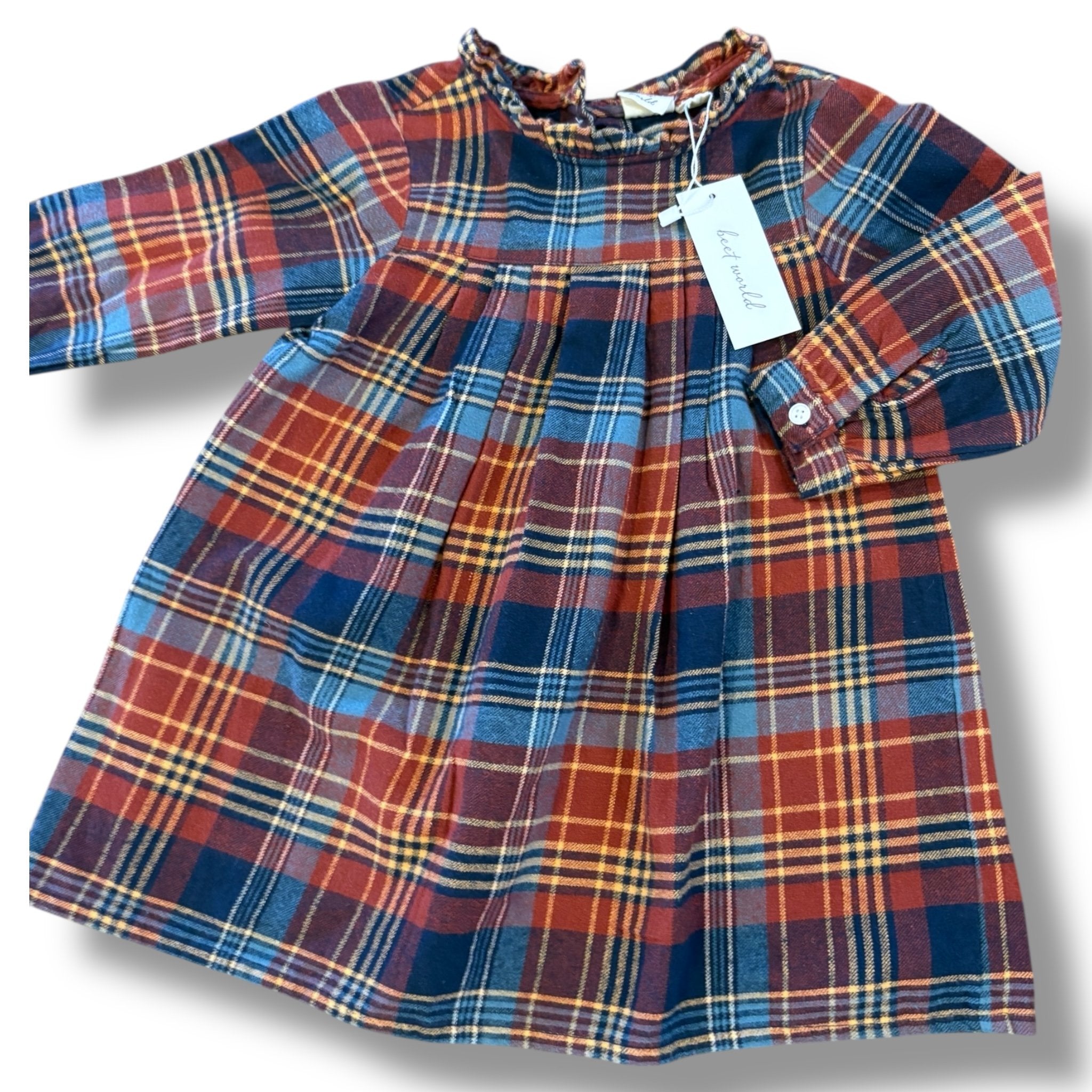 Size 2-3 Beet world flannel dress, navy/gold/burgundy plaid with pleats and ruffle neck NWT Default Title / 3-Feb / Girl