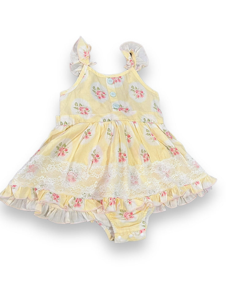 Size 2 Sweet Honey yellow skirted dress with pink flowers and lace trim, buttons on front Default Title / 2 / Girl