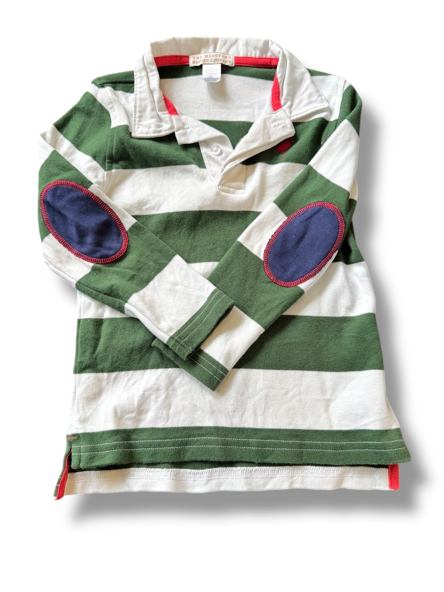 size 4 TBBC long sleeve green and white stripe polo with red crane and blue patches on elbows Default Title / 4 / Boy