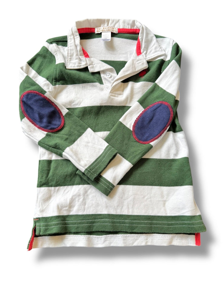 size 4 TBBC long sleeve green and white stripe polo with red crane and blue patches on elbows Default Title / 4 / Boy