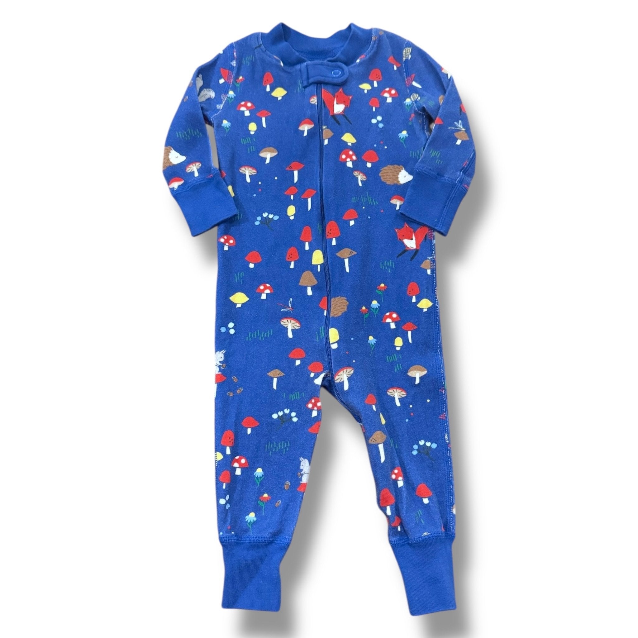 Size 6-9 month Hanna Andersson blue sleeper with animals and mushrooms- overall wear Default Title / 6-9 month / -