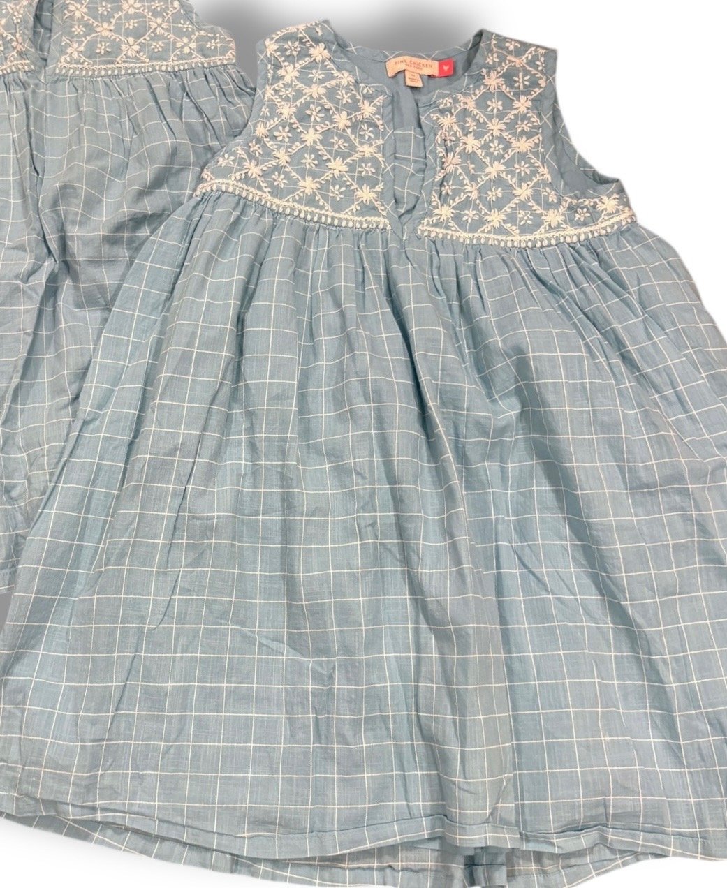 Size 7 Pink Chicken teal dress w/ white window-pane pattern, embroidered flowers at top Default Title / 7 / Girl