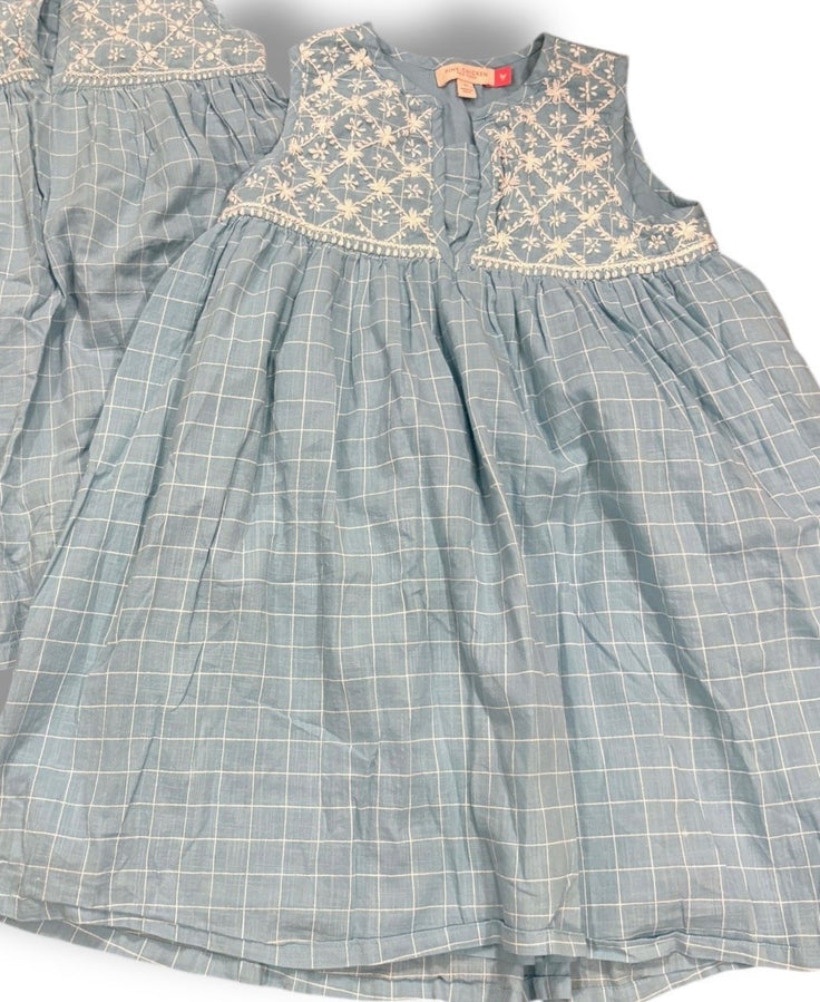 Size 7 Pink Chicken teal dress w/ white window-pane pattern, embroidered flowers at top Default Title / 7 / Girl