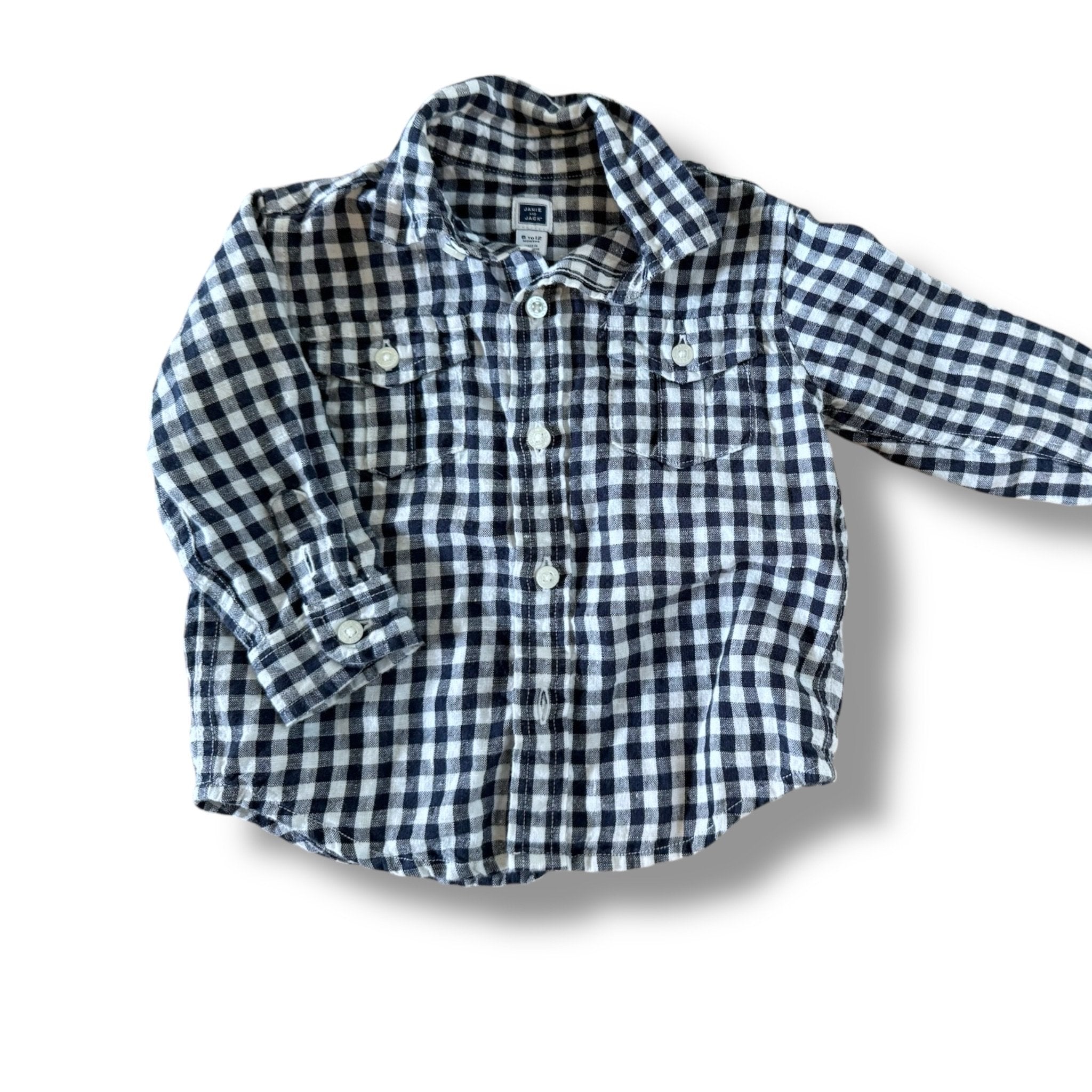 Size 6-12 month Janie and Jack davy and white gingham long sleeve Linen button up Default Title / 6-12 month / Boy