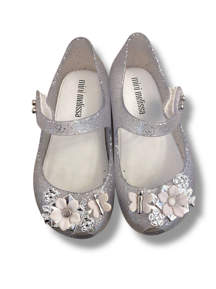 Size 7 Mini Melissa silver mary janes with silver/white flowers Default Title / 7 / -