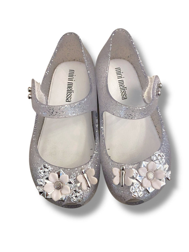 Size 7 Mini Melissa silver mary janes with silver/white flowers Default Title / 7 / -