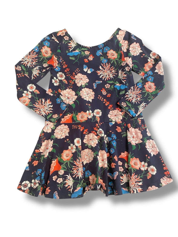 Size 2 Tea Collection navy floral long sleeve dress with pink and coral flowers Default Title / 2 / Girl