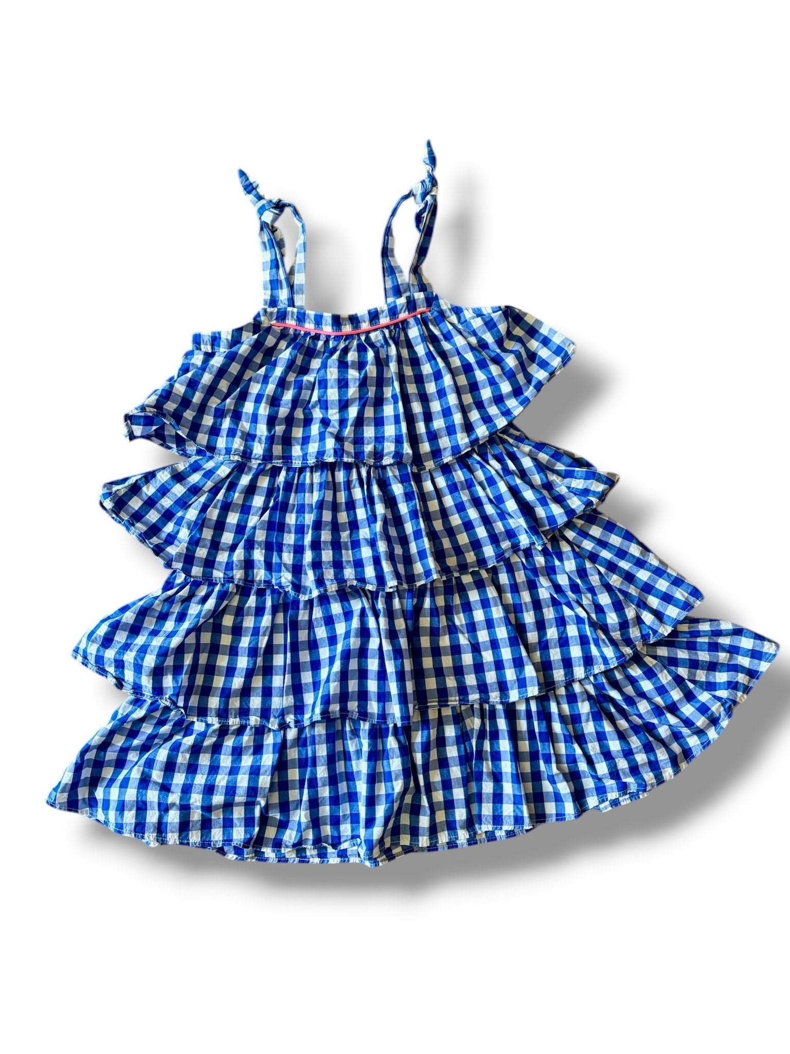 Size 8 Crewcuts blue/white plaid tiered dress with neon pink detail across top and adjustable tie straps Default Title / 8 / Girl