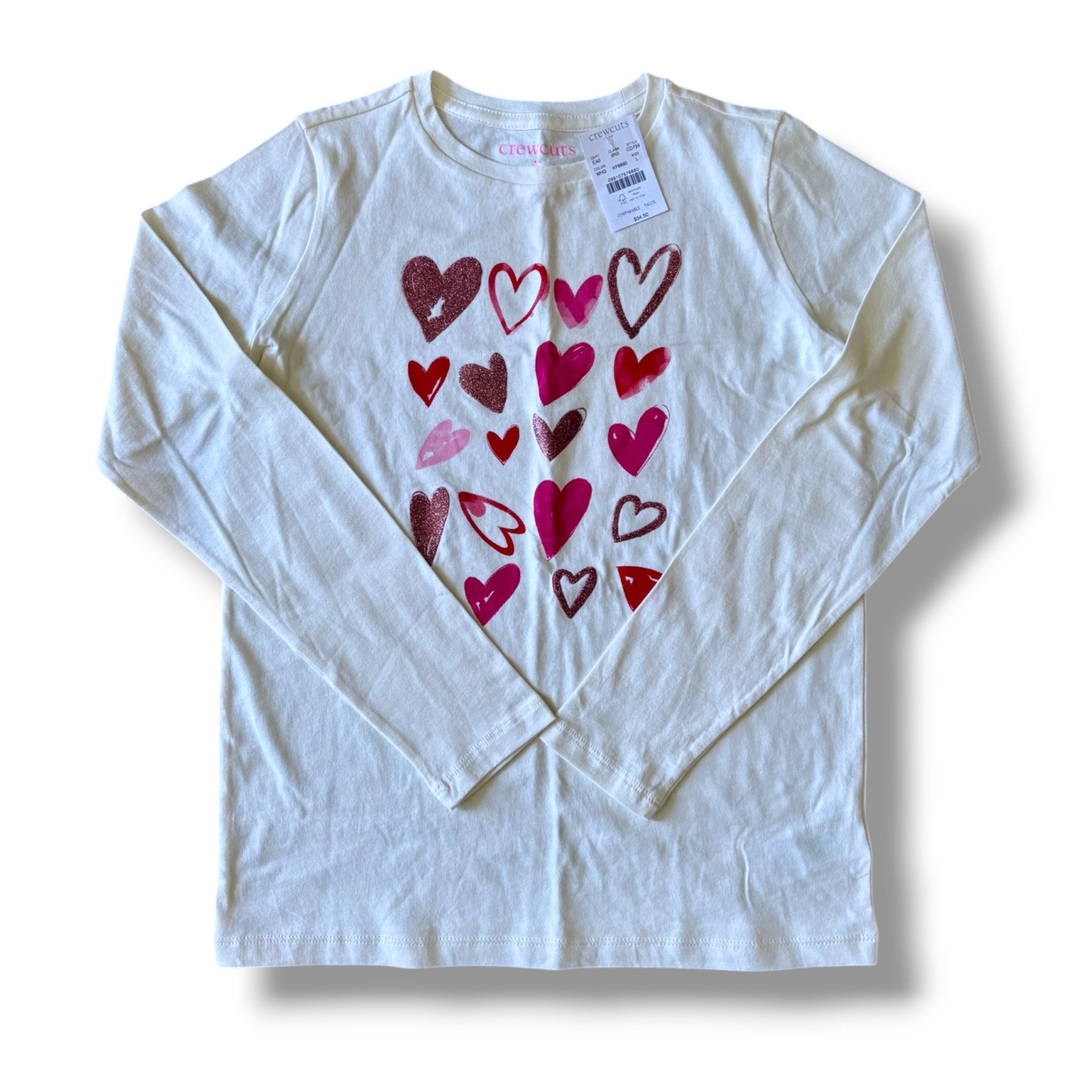 Size 10-11 Crewcuts white long sleeve shirt with various pink/red/glitter hearts on front - NWT Default Title / 11-Oct / Girl