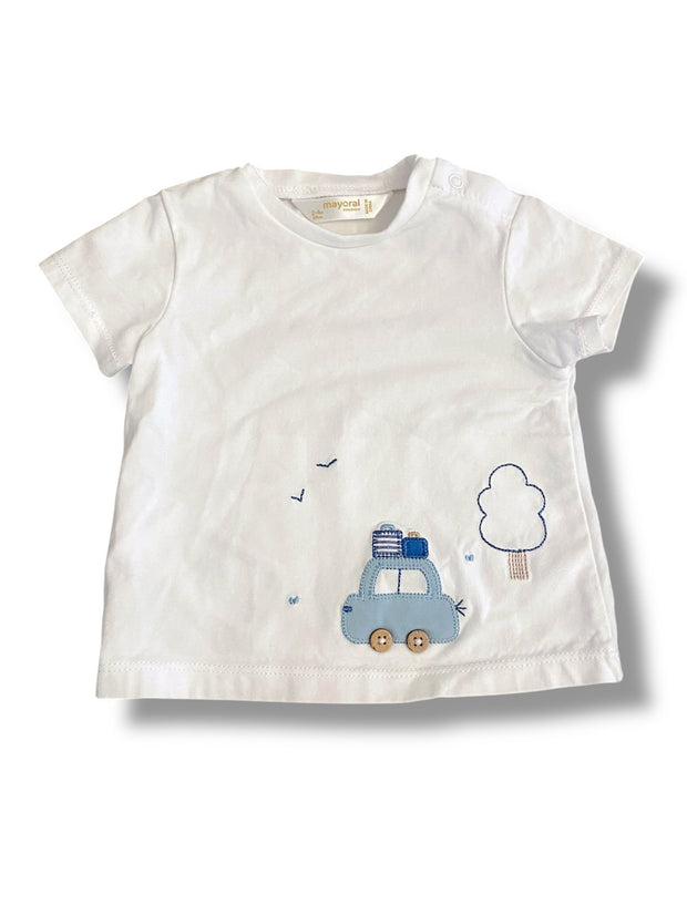 Size 2-4 month Mayloral white Tshirt with embroidered car and tree Default Title / 4-Feb / Boy