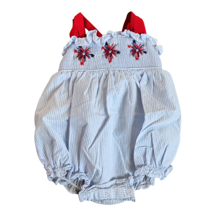 Size 3 month Cecil & Lou blue and white stripe bubble romper with red ties and firework smocking Default Title / 3 / Girl