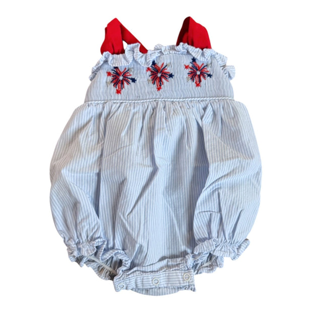 Size 3 month Cecil & Lou blue and white stripe bubble romper with red ties and firework smocking Default Title / 3 / Girl