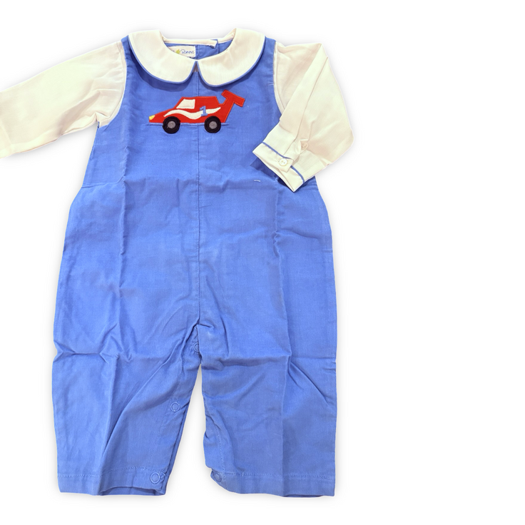 Size 9 month Petite Pomme blue race car long all with Peter pan collar onesie Default Title / 9 month / Boy