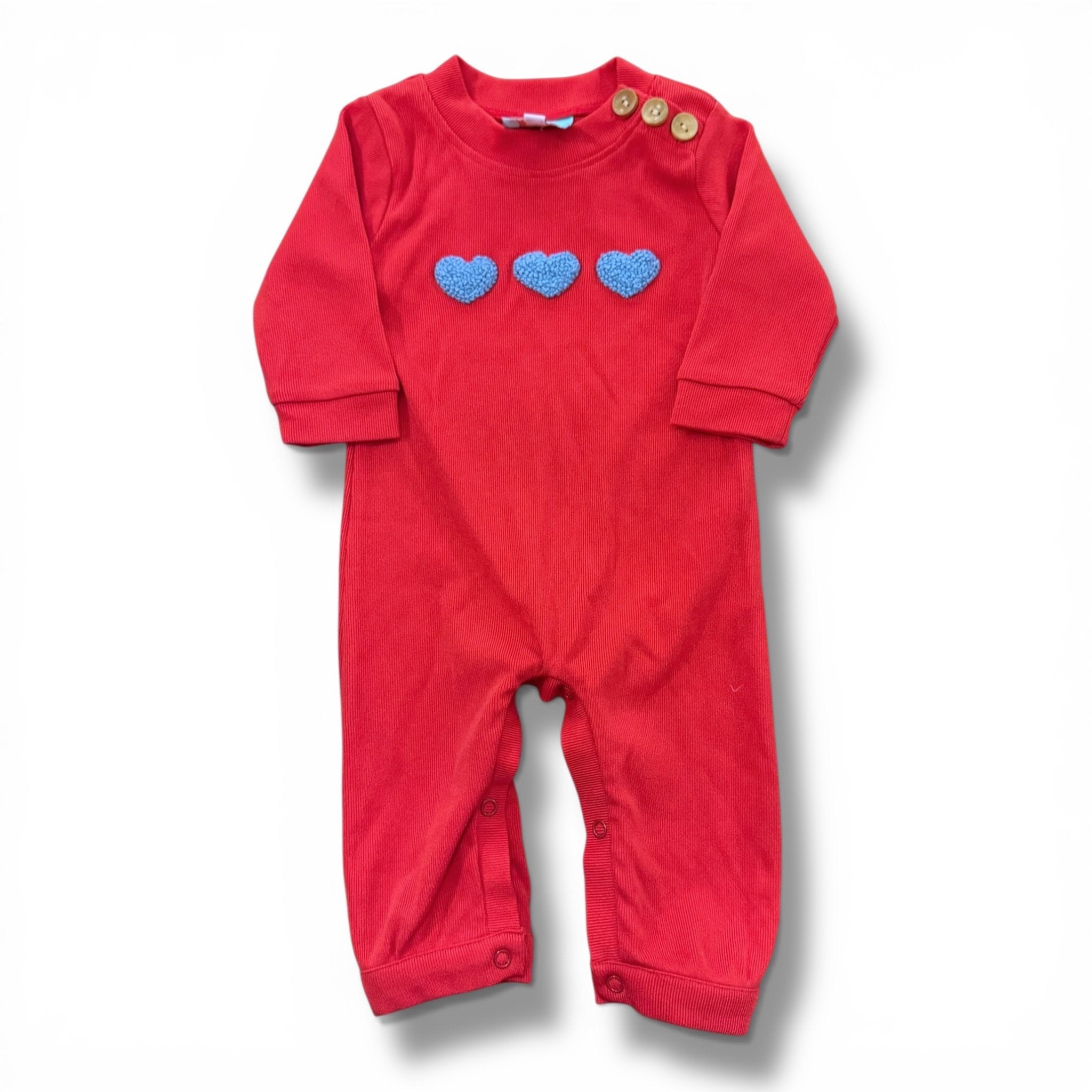 Size 3 month Smocked Flamingo red longall with three blue crochetted hearts Default Title / 3 / Girl