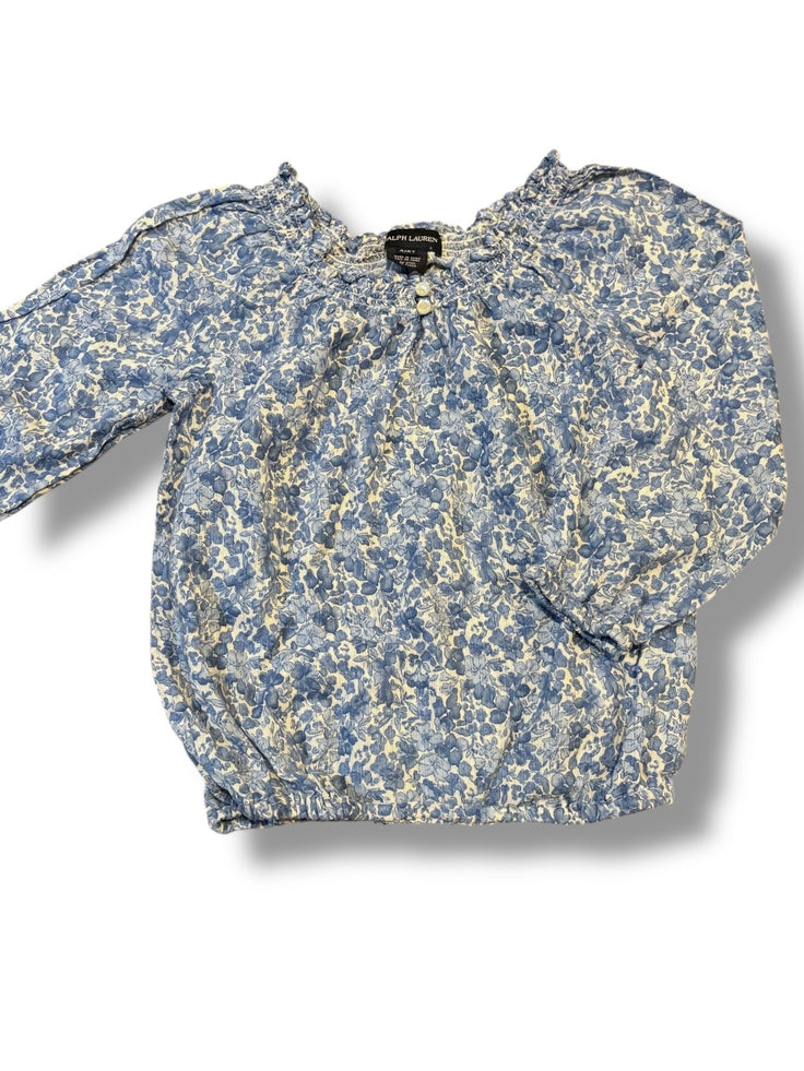 Size 4 Ralph Lauren gauzy blouse w/ blue/white flowers, smocked collar, two buttons Default Title / 4 / Girl