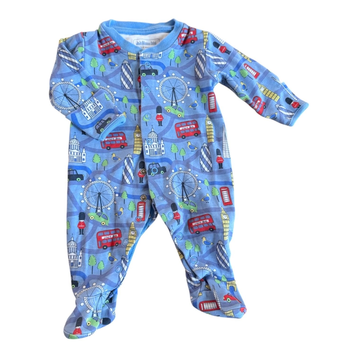 Size 0-3 month Jojo Maman Bebe blue snap sleeper with London icons Default Title / 0-3 month / Boy