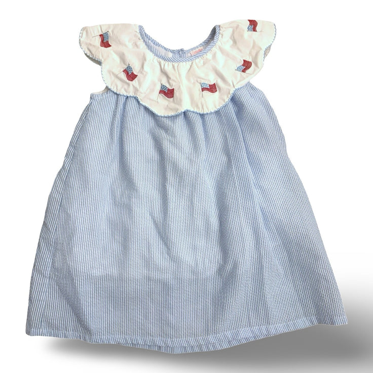 Size 3 Stitchy Fish blue and white seersucker dress with flags on collar Default Title / 3 / -