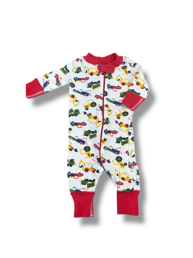 Size 0-6 month Hanna Andersson white sleeper w/ construction vehicles, red cuffs Default Title / 0-6 month / -