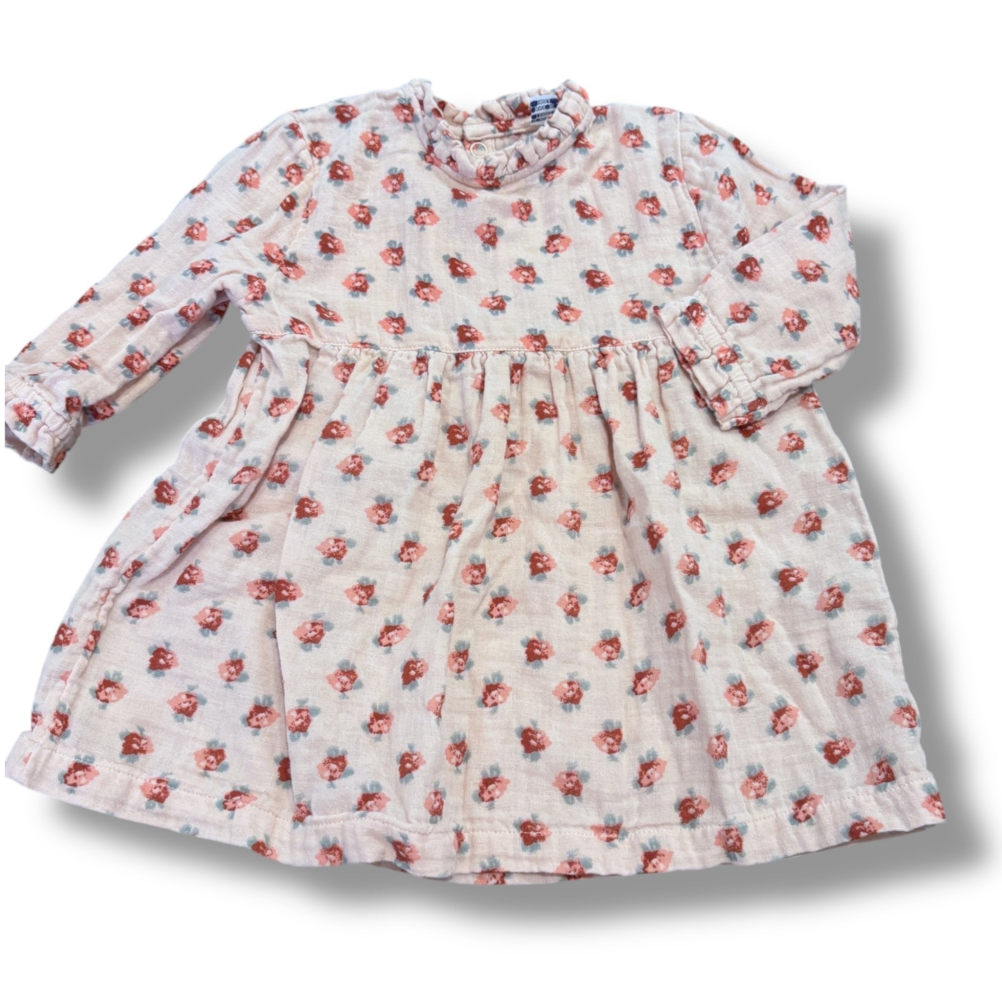 Size 12 month Petit Bateau blush pink long sleeve dress with burgundy flowers Default Title / 12 / Boy