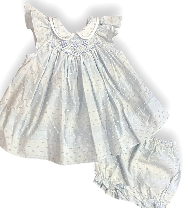 Size 9 month Marco and lizzy light blue swiss dot dress with collar and bloomers Default Title / 9 month / Girl