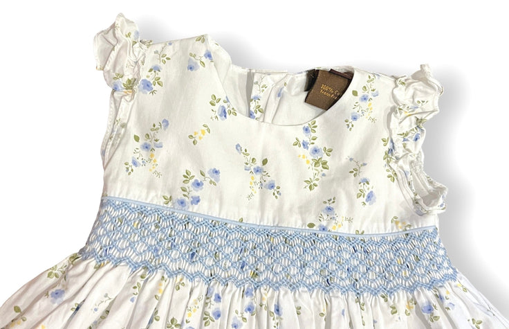 Size 9 month Fluerisse white, blue floral dress with blue smocking at waist Default Title / 9 month / Girl