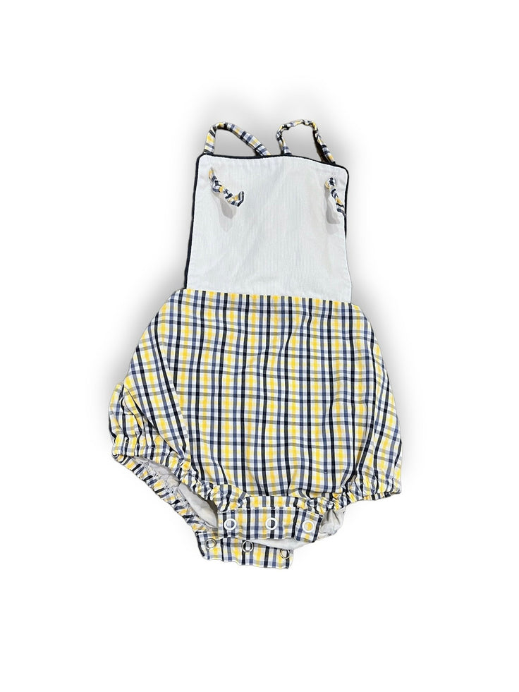 Size 9 month Bella Bliss yellow and navy gingham overall bubble Default Title / 9 month / Boy