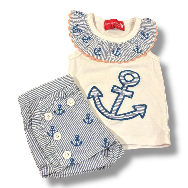 Size 0-6 month Mudpie set: white tank w/ seersucker collar w/ anchors, seersucker anchor shorts Default Title / 0-6 month / Girl