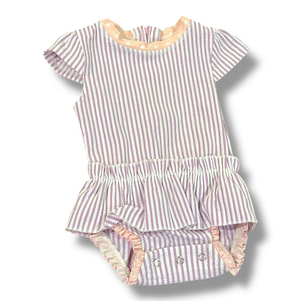 Size 3-6 month Ruffle Butts purple/white seersucker short-sleeve swimsuit Default Title / 3-6 month / Girl
