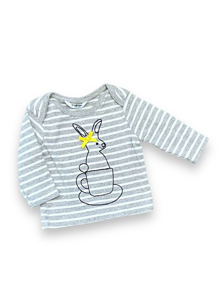 Size 0-3 month Baby Boden gray and white tee with embroidered bunny in a tea cup Default Title / 0-3 month / Girl