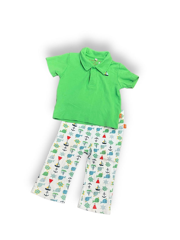 Size 12 month Magnificent Baby green polo + white pants with whales, turtles, boats Default Title / 12 / Boy