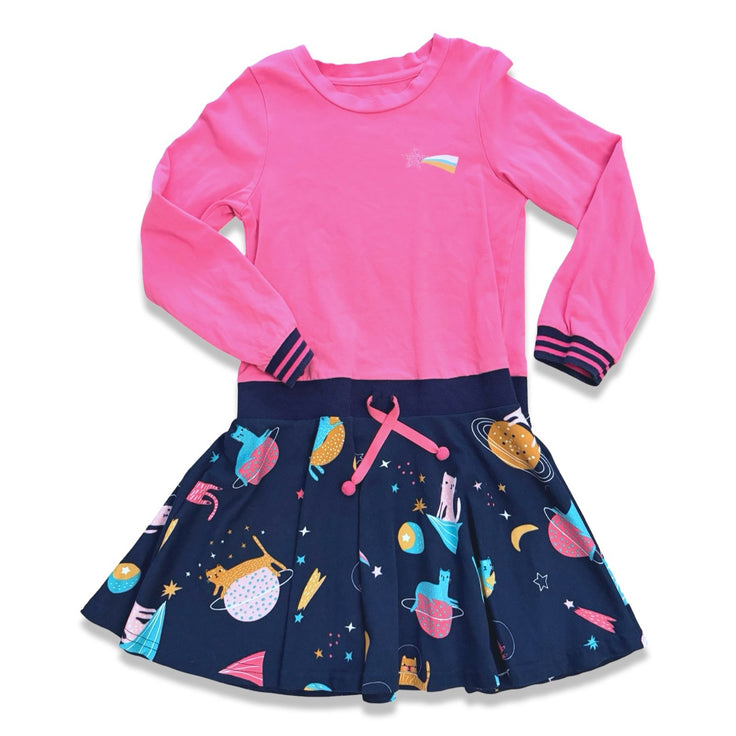 Size 6 Deux par Deux pink long sleeve dress with navy bottom and space cats Default Title / 6 / Girl