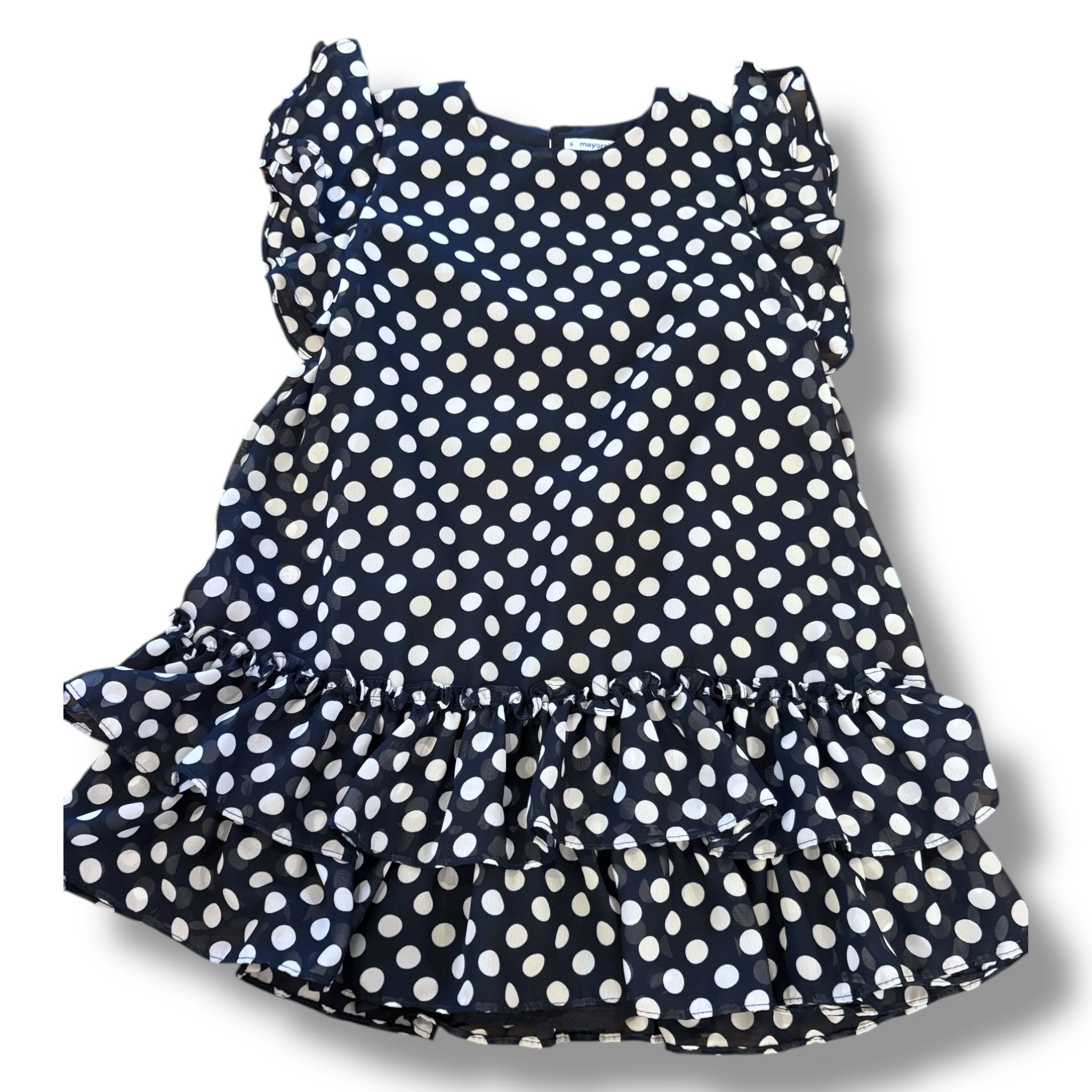 Size 6 Mayoral navy, white polka dot ruffle shoulder dress, tiered hem Default Title / 6 / Girl