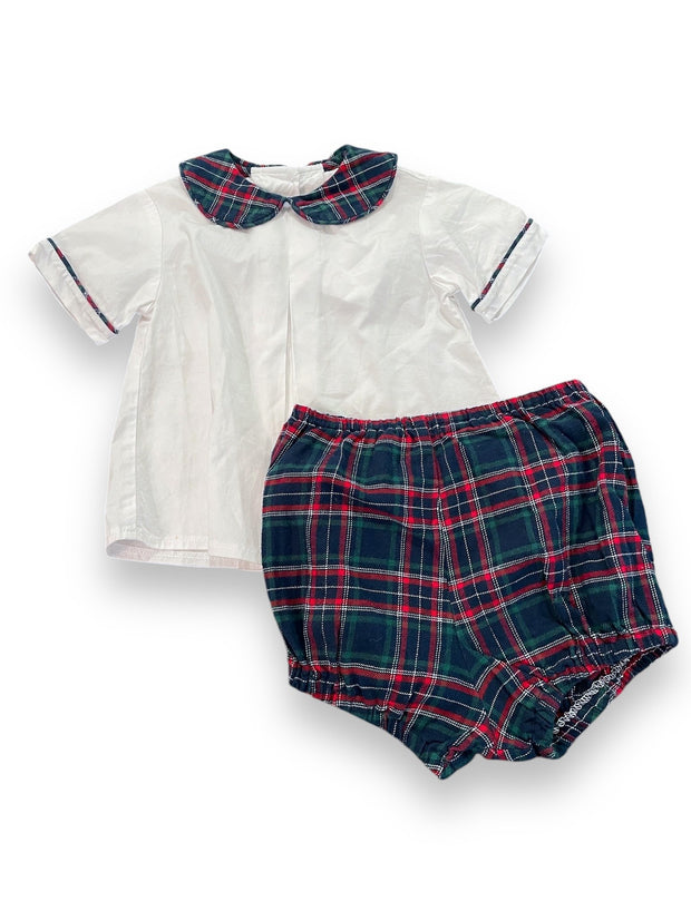 Size 9 month Grace and James white top with plaid and bloomers Default Title / 9 month / Boy